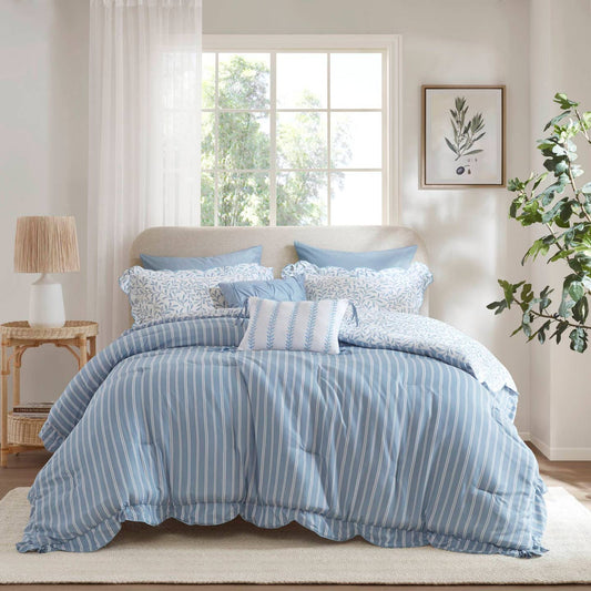5 Piece Scalloped Edged Botanical Comforter Set, Blue