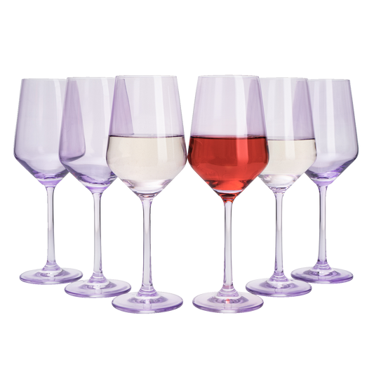 Set of 6 Colored Wine Glasses - 12 oz Hand Blown Italian Style (6, Lavender Purple)
