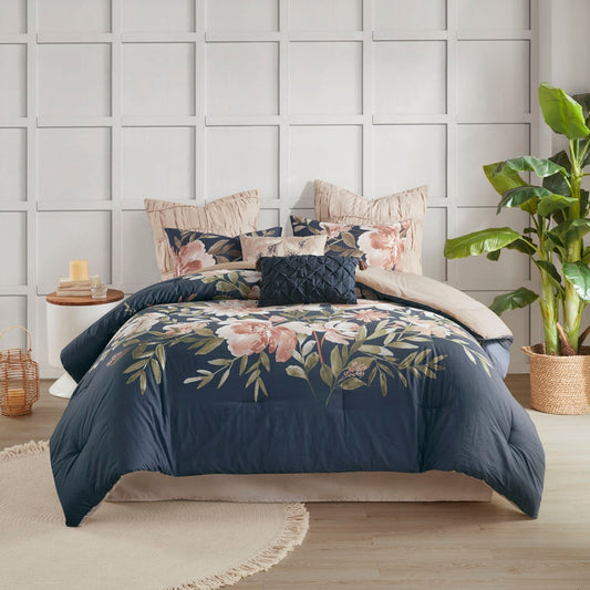 Watercolor Floral Comforter/Duvet Cover Set, Navy Blue/Blush