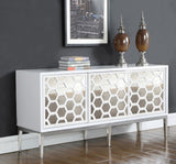 Zoey Contemporary Sideboard Buffet with Mirrored Inserts, White Lacquer Finish & Storage Space