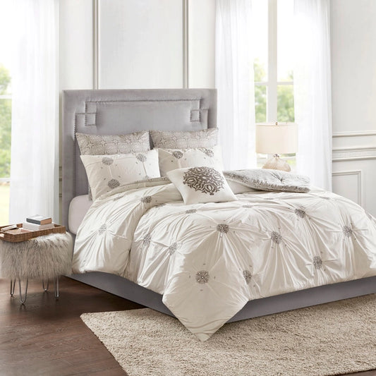 Reversible Embroidered Comforter/Duvet Cover Set, Ivory