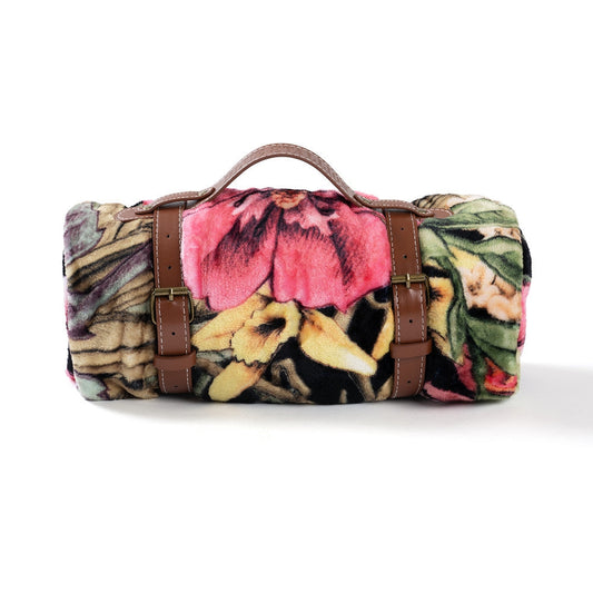 Black Floral Bouquet Throw Blanket with Holder