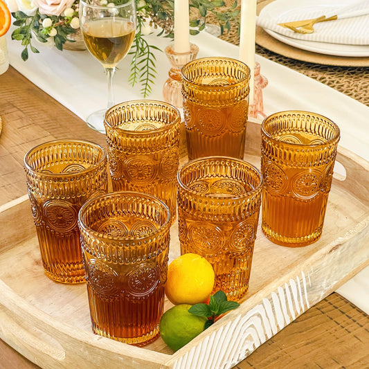 13 oz Vintage Textured Amber Glasses Set of 6