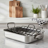 Mauviel Stainless Steel Roasting Pan With Rack And Brushed Cast Stainless Steel Handles, 15.7 x 11.8-In