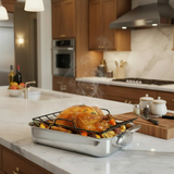 Mauviel Stainless Steel Roasting Pan With Rack And Brushed Cast Stainless Steel Handles, 15.7 x 11.8-In