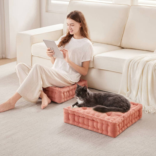 Tufted Chenille Square Floor Pillow Cushion, Dusty Peach