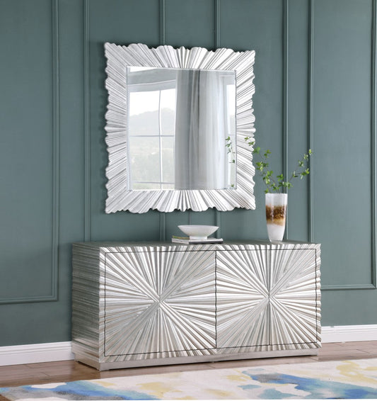 Silverton Contemporary Silver Leaf Sideboard with Hand-Carved Sunburst Design for Elegant Dining