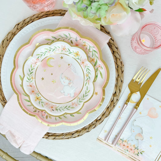 Elephant Baby Shower 9 in. Premium Paper Plates - Pink (Set