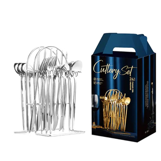 24pcs Stainless Steel Dinnerware Set With Rack