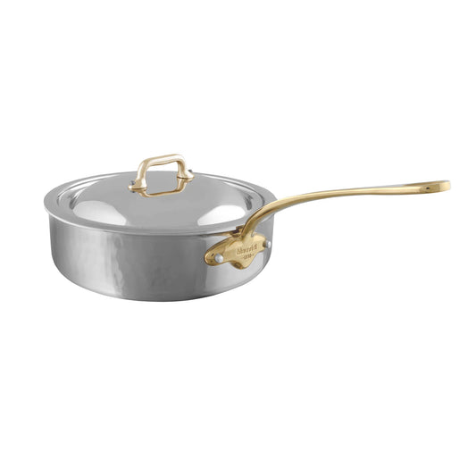 Mauviel M'ELITE B Hammered 5-Ply Saute Pan With Curved Lid, Brass Handle