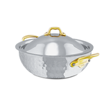 Mauviel M'ELITE B Hammered 5-Ply Curved Splayed Saute Pan With Lid, Brass Handles