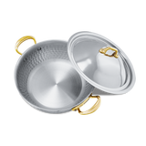 Mauviel M'ELITE B Hammered 5-Ply Curved Splayed Saute Pan With Lid, Brass Handles