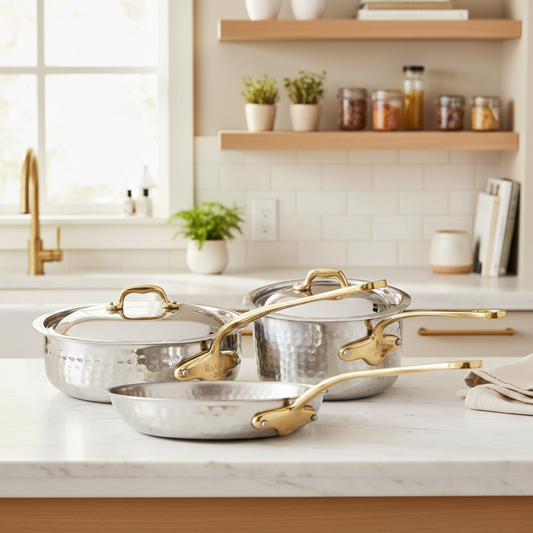 Mauviel M'ELITE B Hammered 5-Ply 5-Piece Cookware Set With Brass Handles