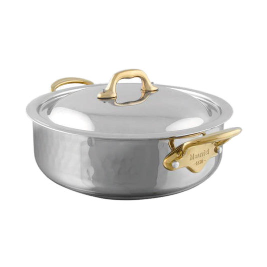 Mauviel M'ELITE B Hammered 5-Ply Rondeau With Curved Lid, Brass Handles, 6-Qt