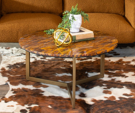 Calico 36" Coffee Table in Tiger Eye with Antique Gold Base
