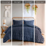 Clip Jacquard Pompoms Comforter/Duvet Cover Set, Navy