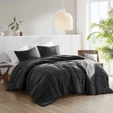 Grid Textured Soft Washed Pleated Comforter Set, Black