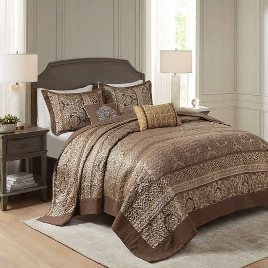 5 Piece Reversible Jacquard Bedspread Set, Brown/Gold