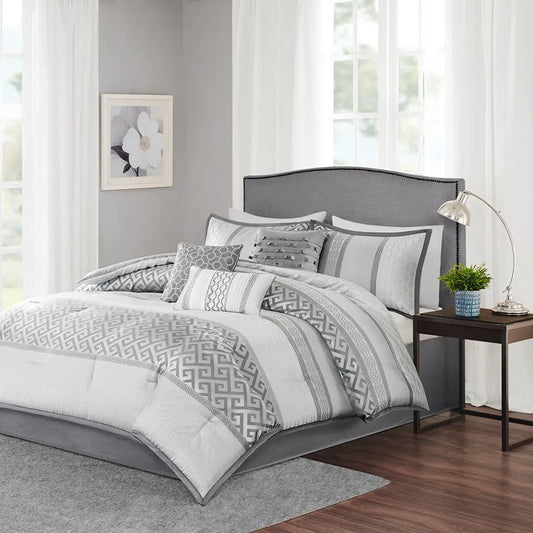 Wholesale Greek Key Traditional 7-Piece Comforter Set, Soft Grey
