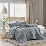 Grid Textured Soft Washed Pleated Comforter Set, Blue/Grey
