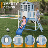 9-in-1 Wooden Playhouse Slide Kitchen Sandbox, Blue