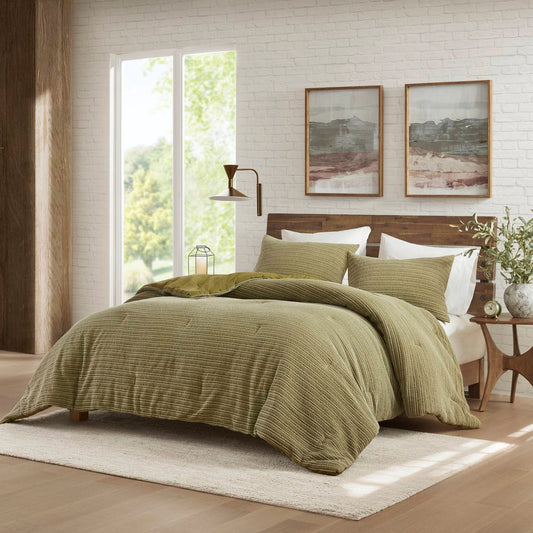3 Piece Vintage Waffle Washed Comforter Set, Green