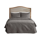 3 Piece Split Corner Pleated Quilted Bedspread, Dark Grey