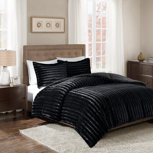 Dux Faux Fur 3-Piece Comforter Mini Set, Black