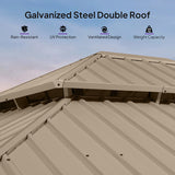 PURPLE LEAF Backyard Gazebo Champagne Hardtop Galvanized Steel Roof Awning and Upgrade Curtain