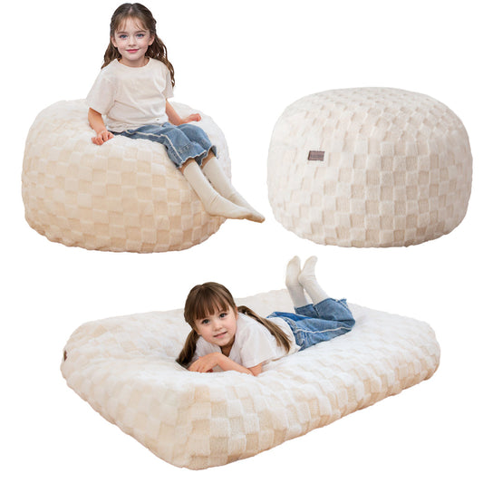 MAXYOYO Kids Bean Bag Bed -  Bean Bag Chair to Bed with Jacquard Shaggy Plush Removable Cover, Plaid Beige