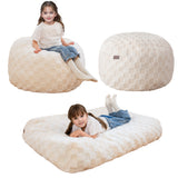 MAXYOYO Kids Bean Bag Bed -  Bean Bag Chair to Bed with Jacquard Shaggy Plush Removable Cover, Plaid Beige