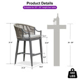 PURPLE LEAF Patio Bar Stools Set of 2 Outdoor Wicker Modern High Bar Chairs Metal Cushioned Barstools with Backs and Ergonomic Armrest