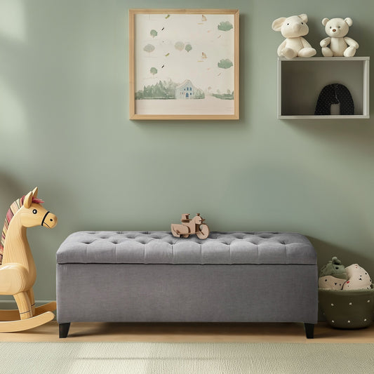 Button Tufted Modern Upholstered Storage Bench Ottoman, Grey