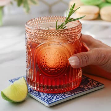 10oz Rose Gold Ribbed Floral Drinking Glass Set