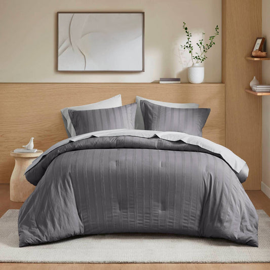 Wholesale Woven Striped Pleated Comforter Set, Charcoal
