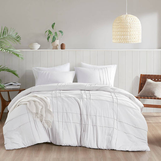 Grid Textured Soft Washed Pleated Comforter Set, White