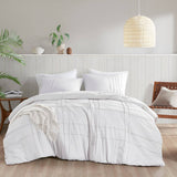 Grid Textured Soft Washed Pleated Comforter Set, White