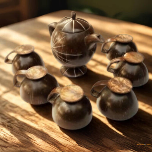 Natural Coconut Shell Tea Pot & Cup & Saucers Set