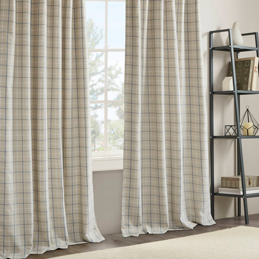 Plaid Fleece Lining Window Curtain Panel, Linen Blue