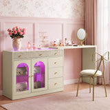 Rotatable L-Shaped Vanity Desk with Led Light, Double Arched