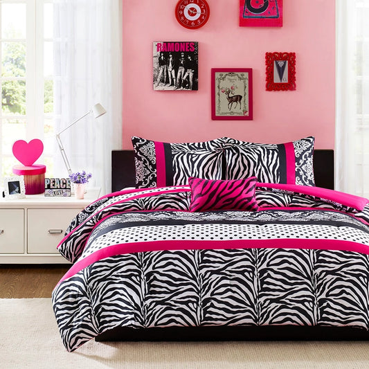 Zebra Damask 4-Piece Comforter Set, Hot Pink