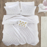 Gold Metallic Printed Plush Comforter Set, White