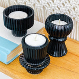 Black Ribbed Glass Candle Holder Set of 6