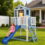 9-in-1 Wooden Playhouse Slide Kitchen Sandbox, Blue