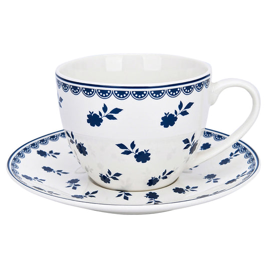Vintage Indigo Porcelain Tea Cup & Saucer Set of 4