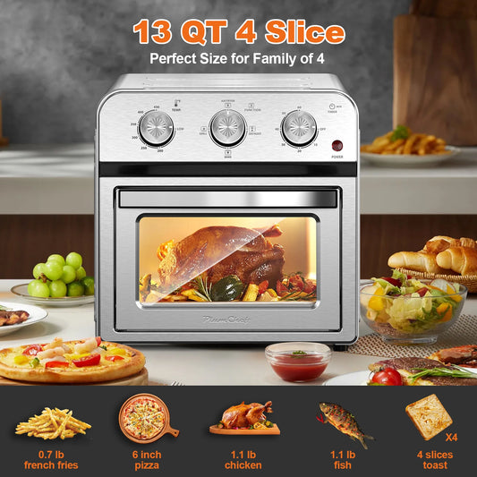 Plum Chef Family Size Air Fryer Toaster Oven Combo,13QT,360° Hot Air Circulation for Healthy Oil-Free Cooking, Multifunctional Convection Contertop Oven, Adjustable Time & Temp Control, Stainless Steel