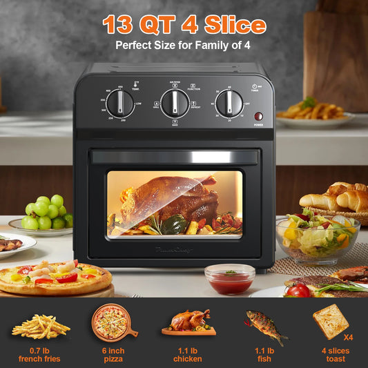 【USED】 80% New Plum chef Air Fryer, 13QT Multifunctional Convection Toaster Oven Combo, 360° Hot Air Circulation, Oil-Free Cooking, Adjustable Time & Temp Control, Black