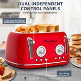 Plum Chef 4 Slice Retro Style Toaster, Dual Control Toaster, 6 Browning Settings, Bagel/Defrost Functions, Removable Crumb Tray, Stainless Steel Housing 1650W, Red