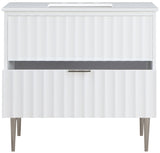 Modernist Quartz Bathroom Vanity with Elegant White Finish and Contemporary Gold Accents Design
