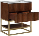 Monad Carrara Marble Contemporary Bathroom Vanity with Brushed Gold Base and Elegant Design
